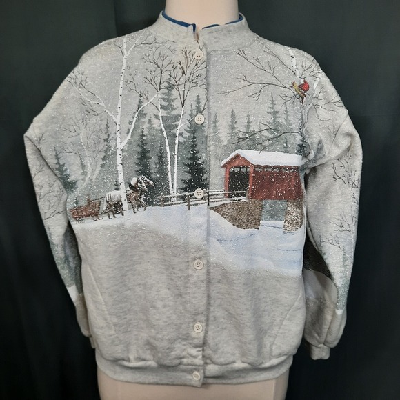 Cabela's Tops - VTG Winter Scene Sweatshirt Wrap Around All Over Print Womens XL Horses Cardinal